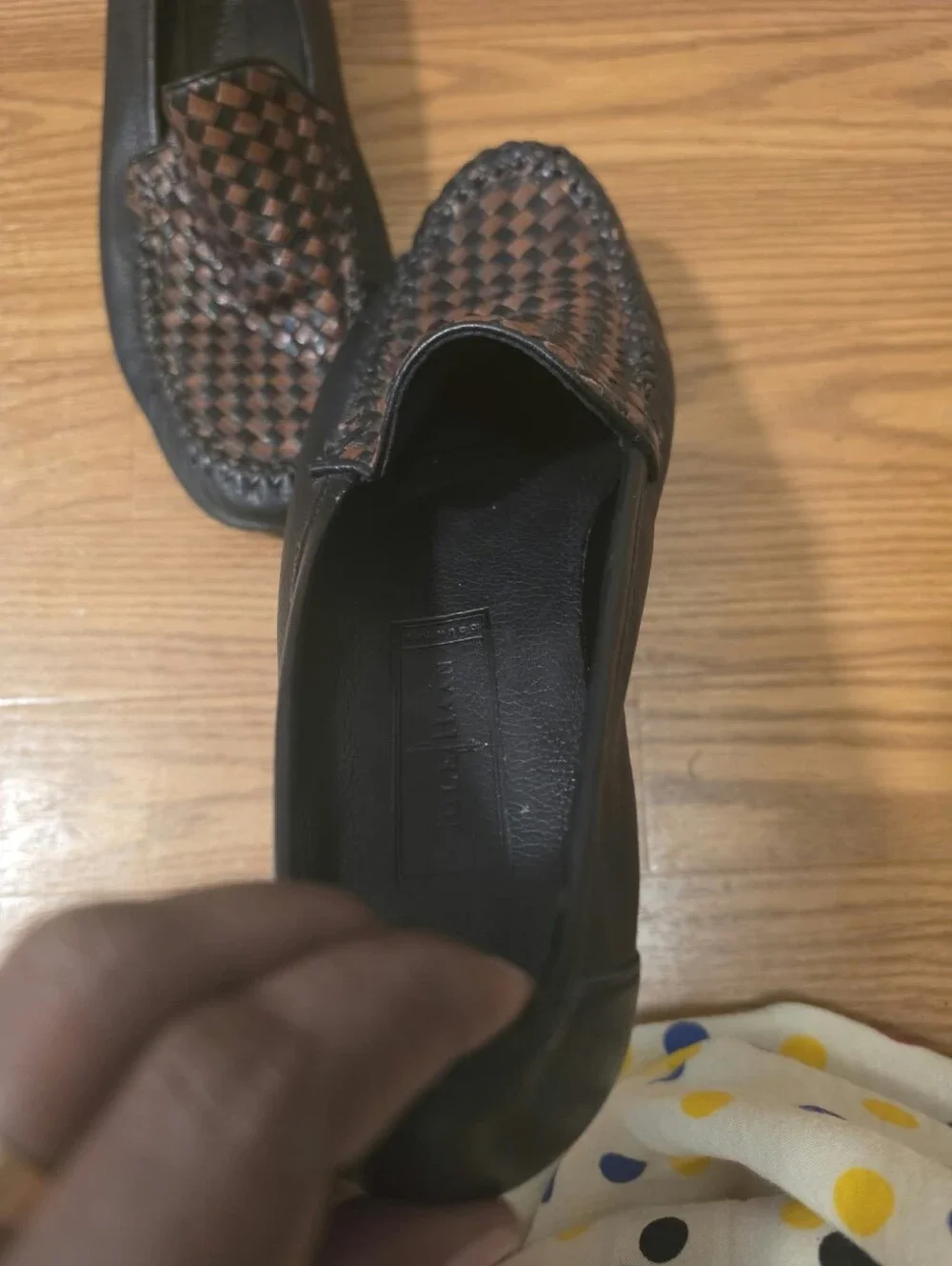 Cole Haan Black Leather Loafers with Brown Woven Vamp